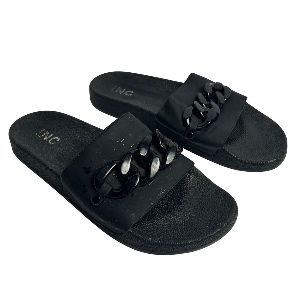 INC International Concepts Peymen Black Chain Detail Slide Sandals Size 11